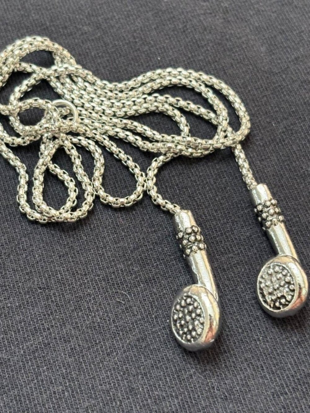Silver-Tone Link Chain Necklace with Twin Headphone Earbud Pendants